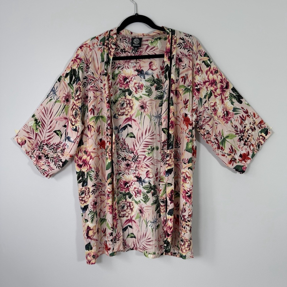 Bobeau Floral Kimono Open Front Swim Cover Pink Flowy Romantic Boho Duster M‎